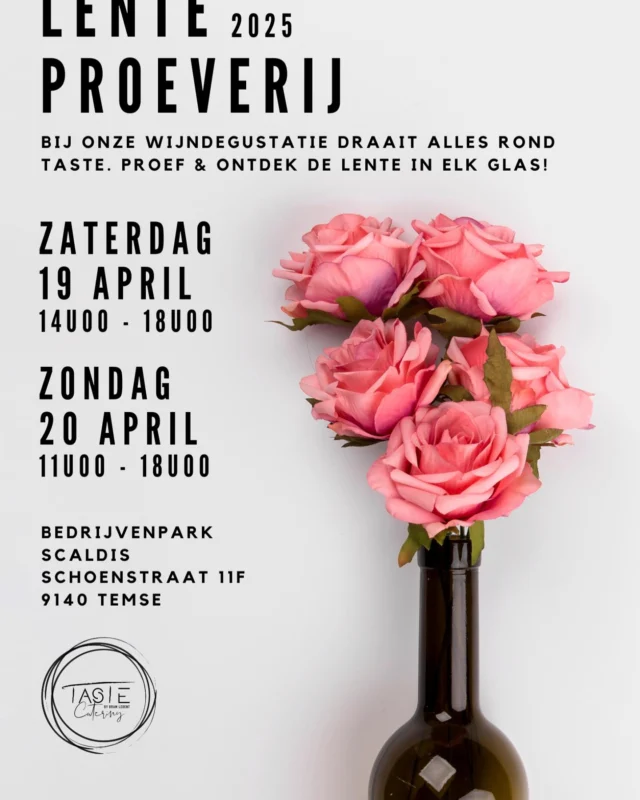 Wijndegustatie - Lenteproeverij

Zaterdag 19 & zondag 20 april

We ontvangen jullie zaterdag 19 april vanaf 14u00 tot 18u00. Zondag 20 april verwelkomen we jullie vanaf 11u00 tot 18u00.

Ontdek onze verfrissende selectie wijnen, perfect om de aanstormende lente en zomer te trotseren… Proeven (Taste) is, zoals altijd, de enige echte boodschap.

Locatie:
Bedrijvenpark Scaldis
Schoenstraat 11F, 9140 Temse